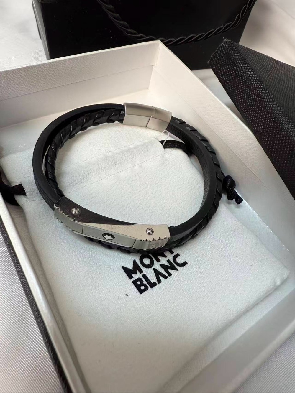 Montblanc Black Leather Double-Strand Bracelet with Silver Plate